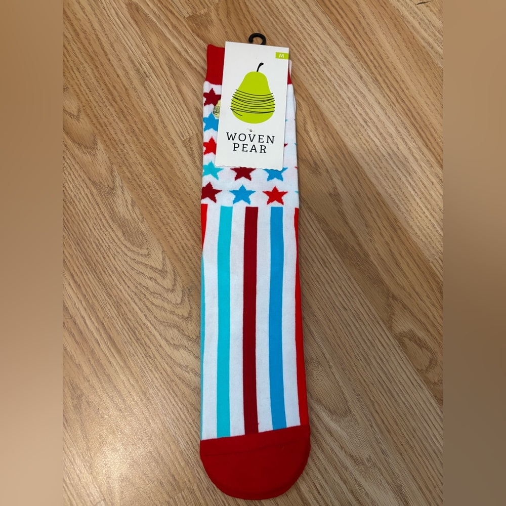 Women's Red and Blue Star Striped Socks from Woven Pear fits Women size 6-12